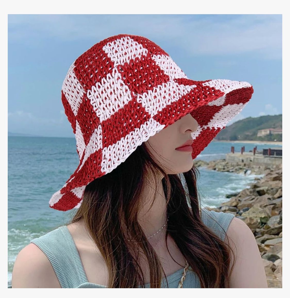 Adjustable Summer Floppy Checkerboard Red And White Hat