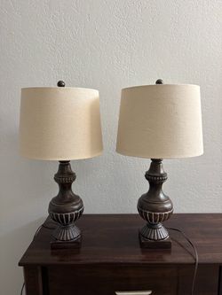 Pair of Traditional Bronze Fluted Urn Table Lamps — Cream Shades