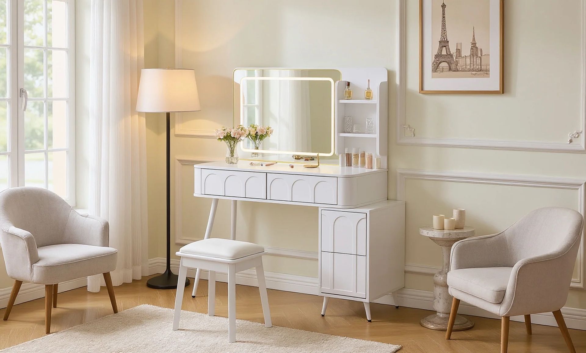 Homy Casa Aalena Modern Vanity Table Set with LED Lighted Mirror