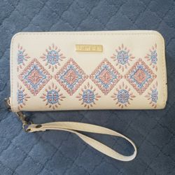 Kensie Beige Faux Leather Zip-Around Wristlet Wallet With Embroidered Design!