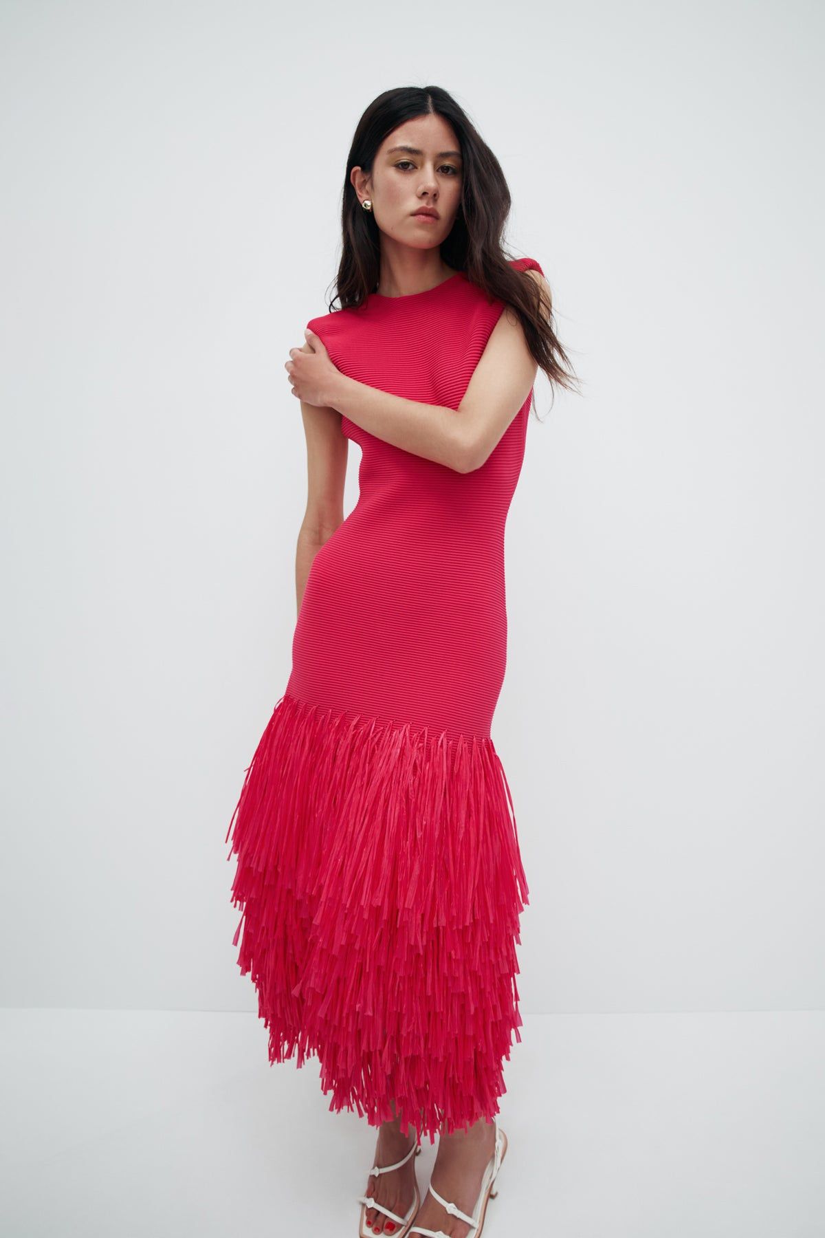 Aje Dress Fuschia Rushes Raffia Knit Midi Dress