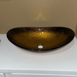 New!!! Bathroom Vessel Glass Sink Pop Up Drain Bronze & Gold Tones Above Mount Sink