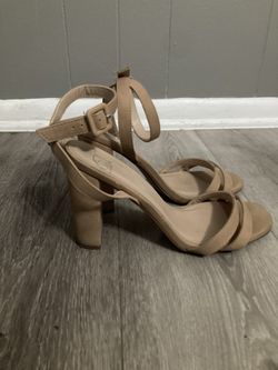 Beige ankle strap open toe heels