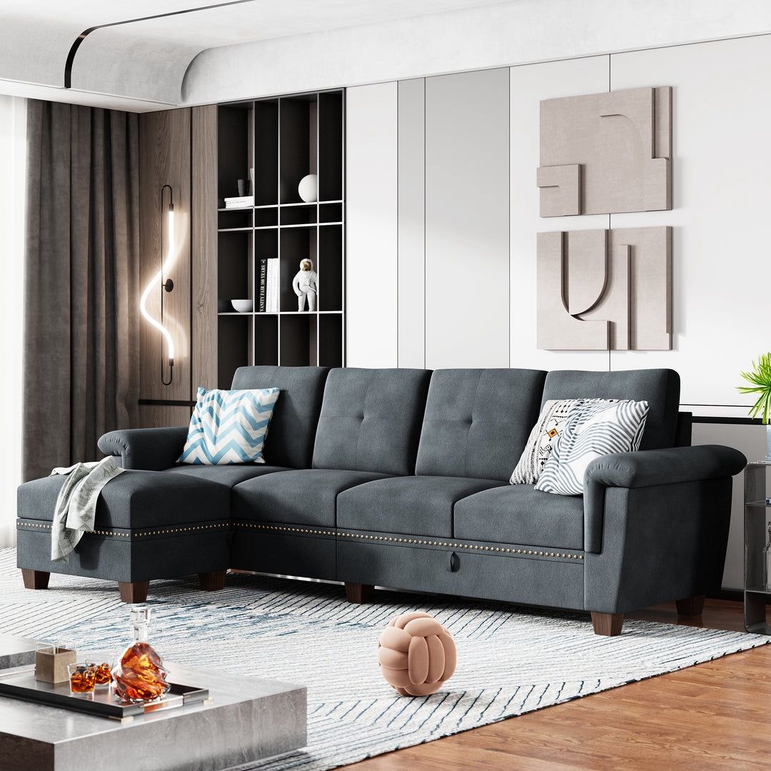 New L-Shaped Reversible Sectional Sofa, Convertible Couch with Storage Loungers and Cup Holders, 4 Seater Sectional Sofas with Reversible Chaise Loung