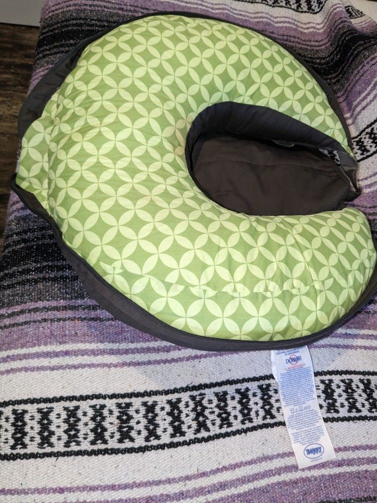 Boppy Travel Nursing Pillow Gray & Green Fold & Zip Up with Shoulder Strap