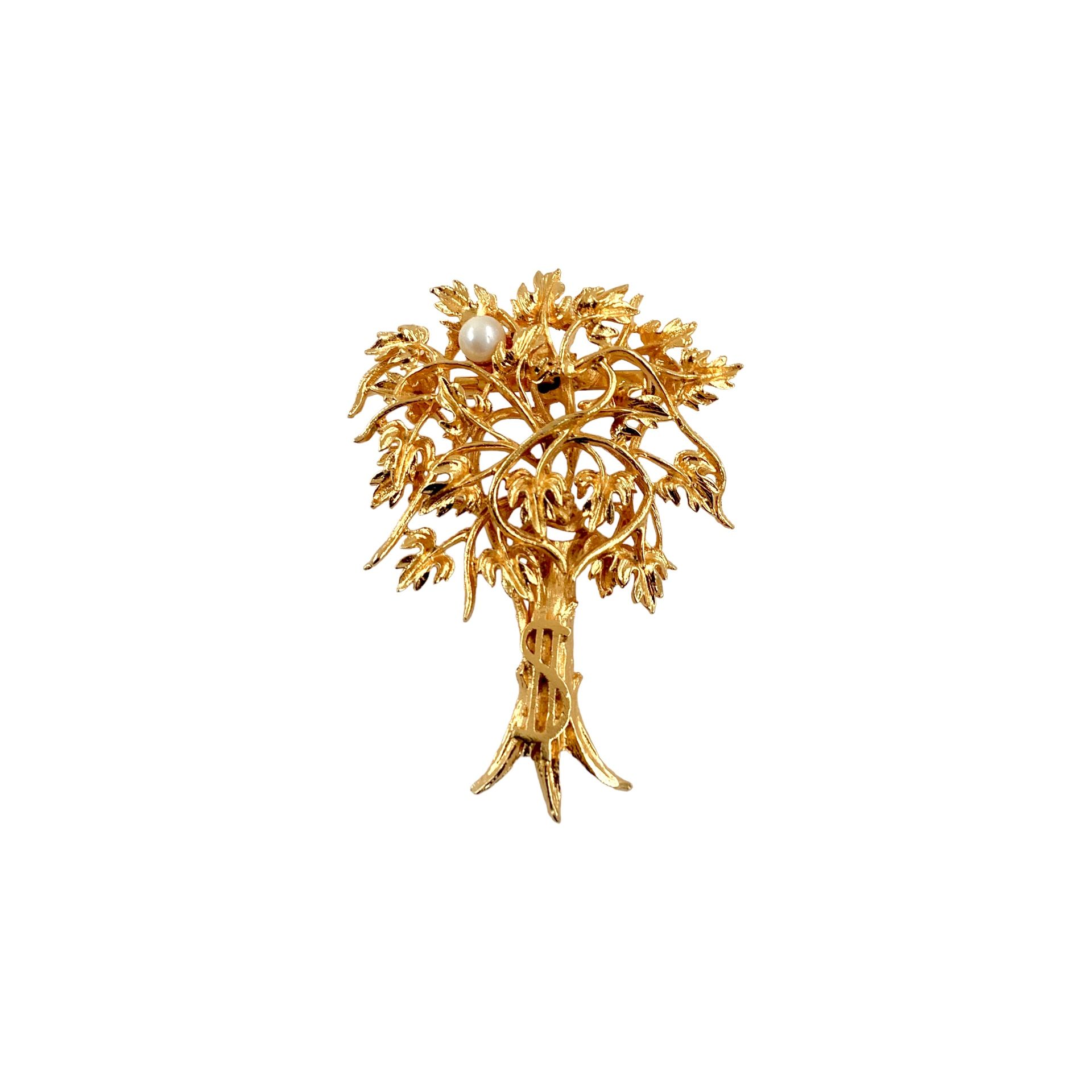 1950s Gold Plated Money Tree 3D Brooch Pin, Natural Pearl, Dollar Sign, Mid-Century Statement Jewelry Accessory, Symbolical Jewelry