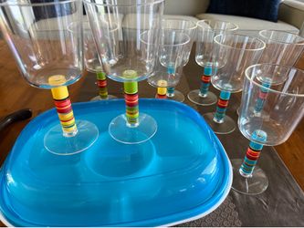 Plastic wine glasses x9; divided veggie tray with lid