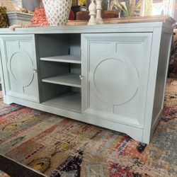 Blueish Tv Stand With Sliding Doors W/ Crystal Knobs