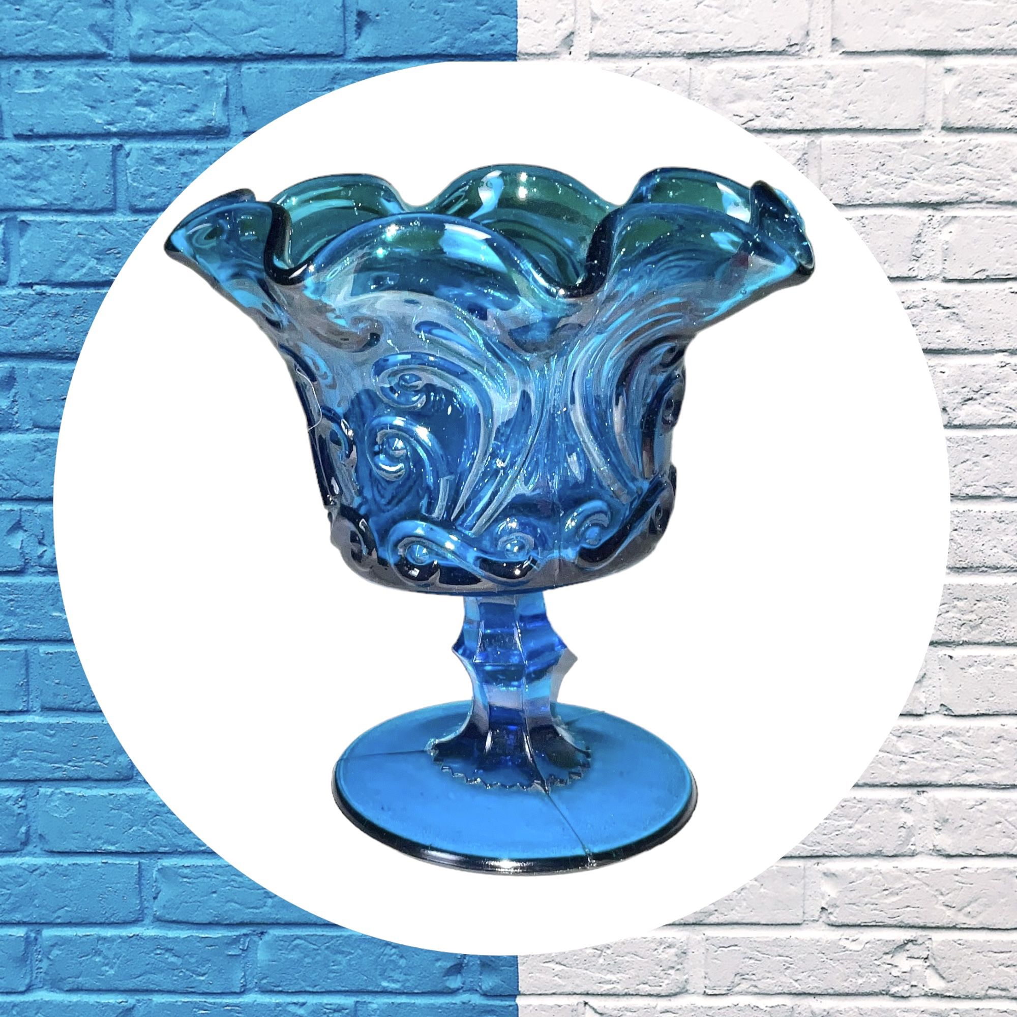 Vintage Blue Glass Pedestal Candy Dish w Scroll Designs & Crimped Edging