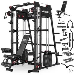 Mikolo M11 Elite Smith Machine Home Gym, 2200LBS Power Rack Cage with Dual 130LBS Weight Stacks, Functional Trainer with Weight Bench , Aluminum Pulle