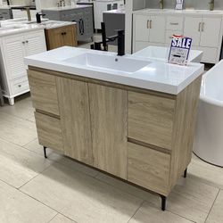 48” Bathroom Vanity Cabinet New Wood Color New With White Ceramic Ready For Pick Up Today