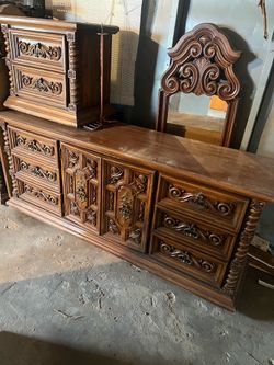 Vintage wood dresser, wardrobe, nightstand set
