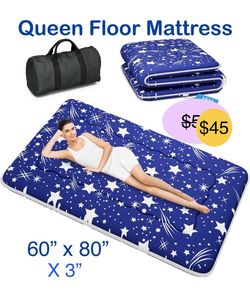 3” Queen Size Japanese Futon Mattress, Foldable Tatami Mat Portable Dormitory Sleeping Pad with Bag & Strap, Floor Thicken Sleeping Roll up Camping Ma