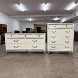 2 Painted White Real Mid Century Modern 7 Drawer Dresser & Tall 5 Drawer Chest Solid Wood Dovetail Joints