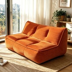 Double caterpillar sofa,Double Togo Corduroy Fabric Beanbag Couch for Living Room, Bedroom & Dorm, Cozy Fluffy Cloud Mini Couch,Orange