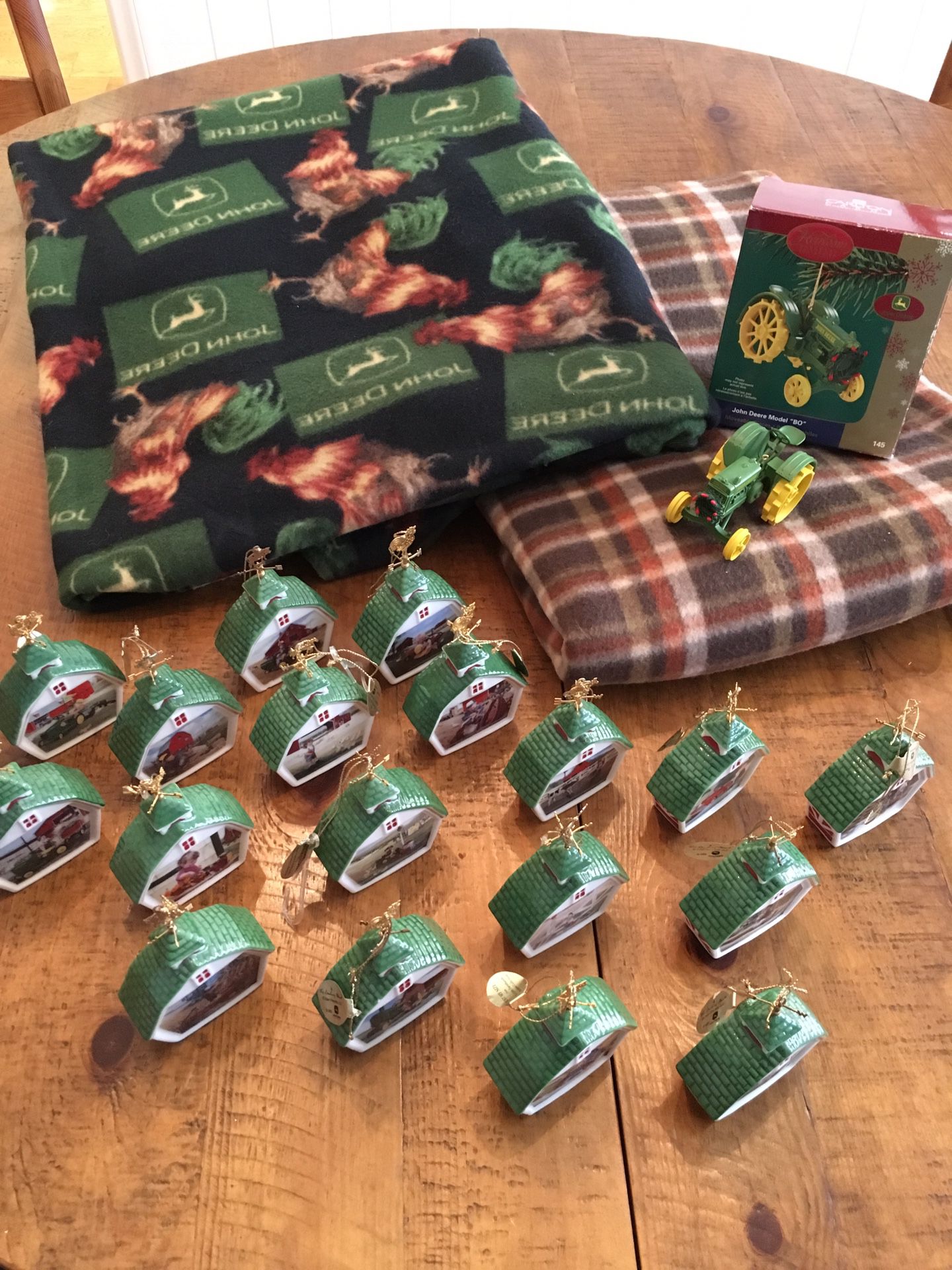 John Deere Farmhouse Christmas Ornaments and Large Size Blanket Material Lot $15
