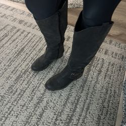 dark gray suede like knee high boots wide calf 