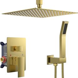 Shower Faucet Set - 12 Inch Brushed Gold Rain Shower Heads with Handheld Spray Combo,Shower System Complete Shower Trim Kit with Rough-in Valve - Ceil