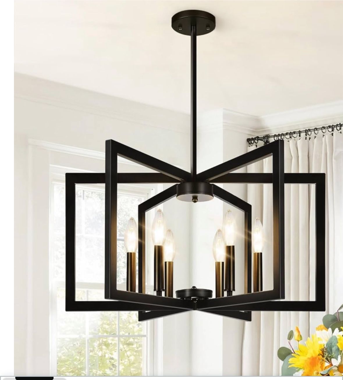 25" Modern Black Chandelier for Dining Room (6-Light, 25-Inch), Geometric Black Dining Room Light Fixture Over Table, Industrial Metal Hanging Pendant