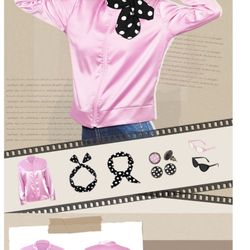 1950s Pink Satin Jacket with Neck Scarf Headband Earrings Cat Eye Glasses Halloween Cosplay Costume Set for Women Girl