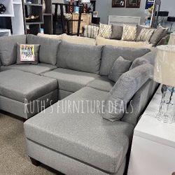 3-pc Sectional Sofa With Ottoman Grey Fabric 