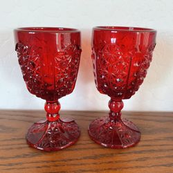Vintage Water Goblet Daisy and Button Ruby Red Glass by Wright Glass, L G x2
