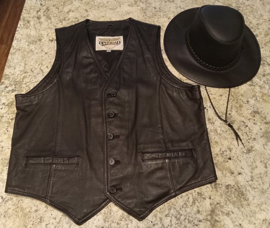 BUNDLE Men's Wilsons Black Open Road Rider Vest&Outback Handmade Leather Cowboy Fedora Hat size Large $75 NEW