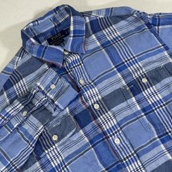 Polo Ralph Lauren Classic Fit Men’s Large Blue Plaid Linen Long Sleeve Shirt