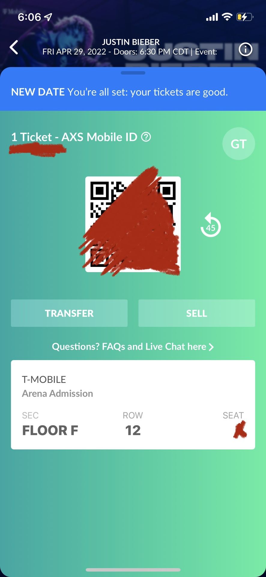 Justin Bieber Floor Seat Ticket