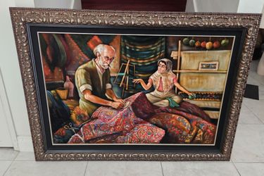 The Carpet Mender & His Daughter Oil Painting Print on Velvet Canvas Framed Arabic Art 47x34