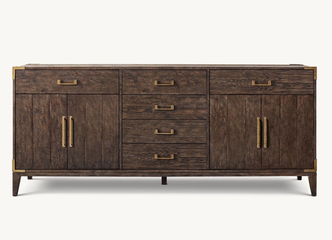 RH CAYDEN CAMPAIGN 4-DOOR 80” SIDEBOARD WITH DRAWERS • WAXED BROWN OAK • BRASS