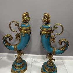 Pair of Bronze/Porcelain Pegasus Cornucopias 3ft