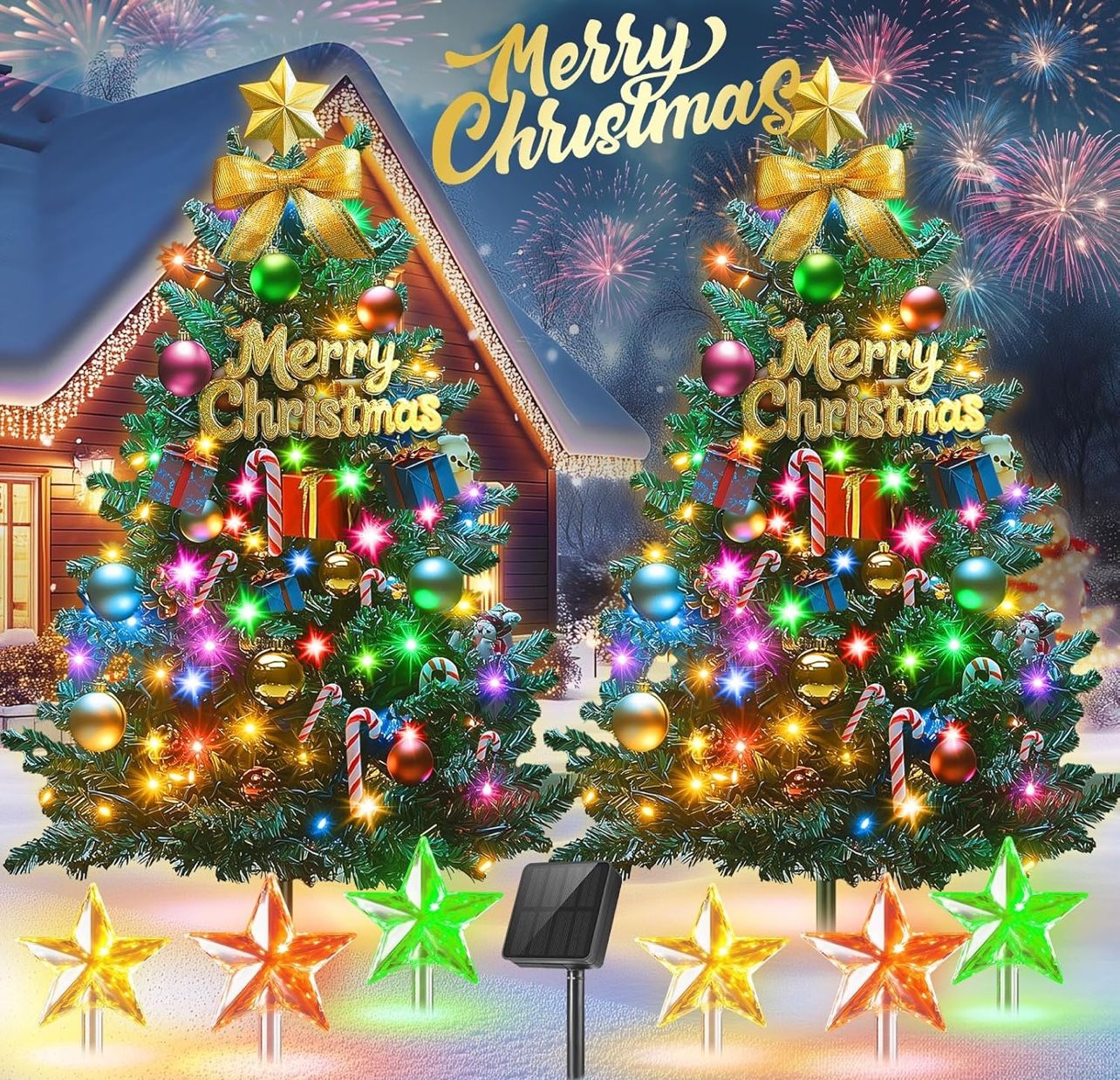 Outdoor Christmas Decorations: 2 Pack 30In Artificial Solar Christmas Tree Lights with 33 LED, 3 Star Stake Lights, 8 Modes Solar Christmas Lights Out