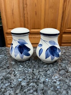 Vintage Ceramic White with Blue Leaf Design Salt & Pepper Shakers.  Size approximately 3 1/2 inches tall.  Brand Home  by Target.  Preowned.