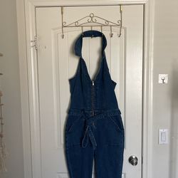 True Religion Zip Up Halter Denim Jumpsuit