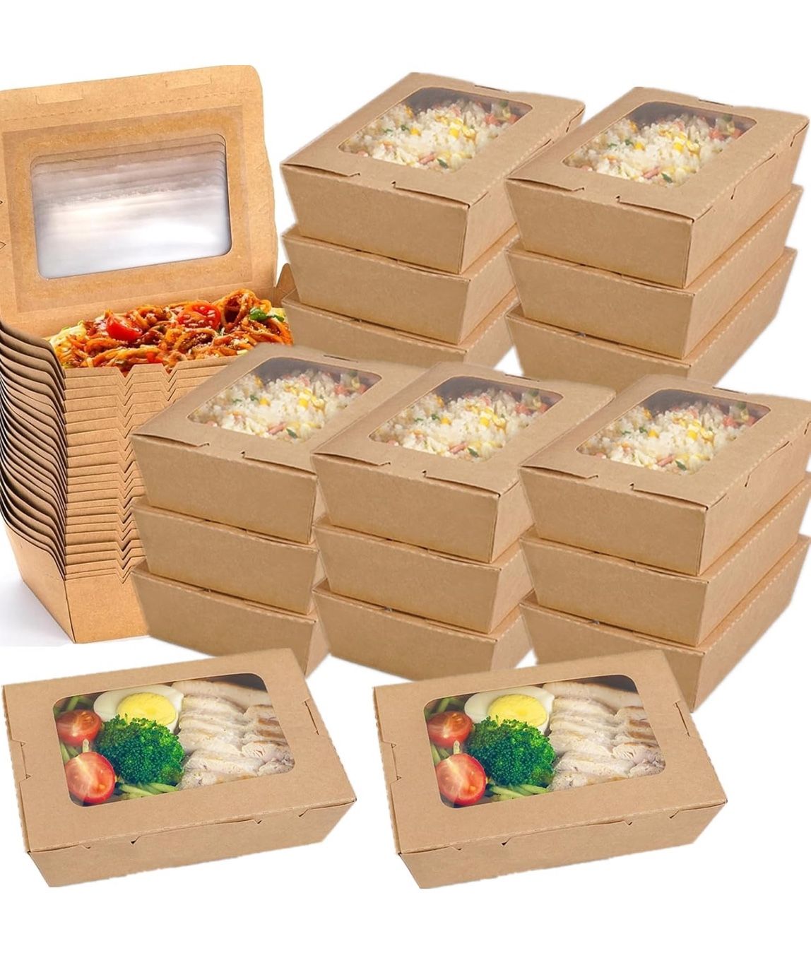 50 Pack Take Out Food Containers with Window, 40 oz Microwaveable Kraft Paper To-Go Boxes, Foldable Pastry Containers for Catering, Restaurants, Parti