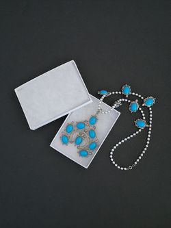 Vintage Large Chunky Faux Turquoise  & Shiny Silver-Tone Necklace With Box - Substantial Statement Piece  - Coastal Beach Blue Sea Turtle