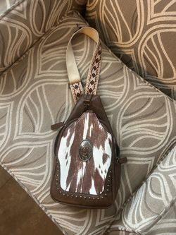 Western Cow Print Crossbody Bag – Brown & Cream – Studded Detail