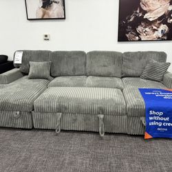 Gray Sofa Sectional + Pullout & Storage Double Chaise Set - Free Delivery 