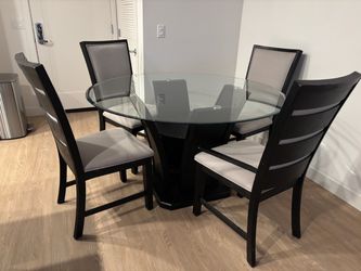 Glass table w black wood and chairs