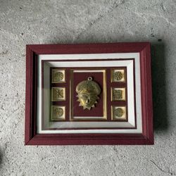 Vintage Framed African Brass Mask Shadow Box Arti