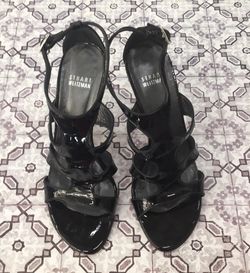 Stuart Weitzman black patent caged heels, wms sz 8.5