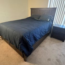 Complete Bedroom Set: Queen Bed Frame, End Table, Dresser With Mirror