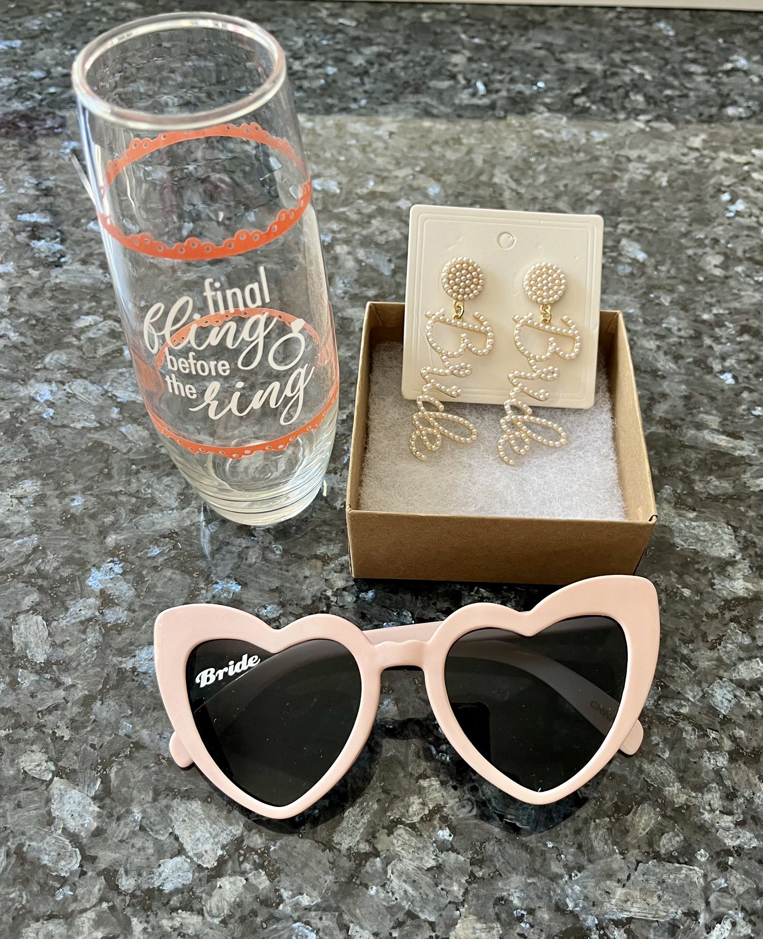NEW BRIDE EARRINGS, SUNGLASSES AND CHAMPAGNE GLASS