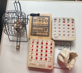 State Fair Bingo Set, metal cage, board, 75 wooden balls, 83 reusable bingo cards