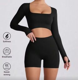 Women's Seamless Sports Yoga Set Long-Sleeved Shorts Thumbholes Slim High-Waist Tummy Control Sports Set Workout Set Scrunch Butt Shorts Gym Sets