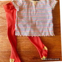 6-9 M Children’s Place Striped Tee, Lettuce Hems & And0-12 M see Kai run thick cotton tights, great crawling outfit