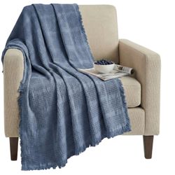 50x66 100% Turkish Cotton Lightweight Waffle Throw Blanket with Tassels, Blue, NEW