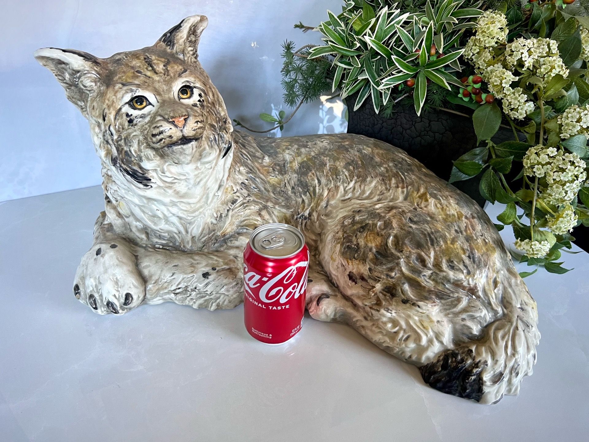 Large Handcrafted & Hand-painted Ceramic Sculpture Bobcat by The Townsends
