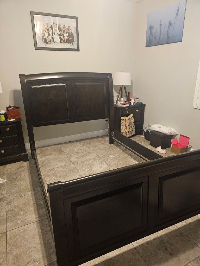 Queen Sized Dark Brown Wood Bed Frame
